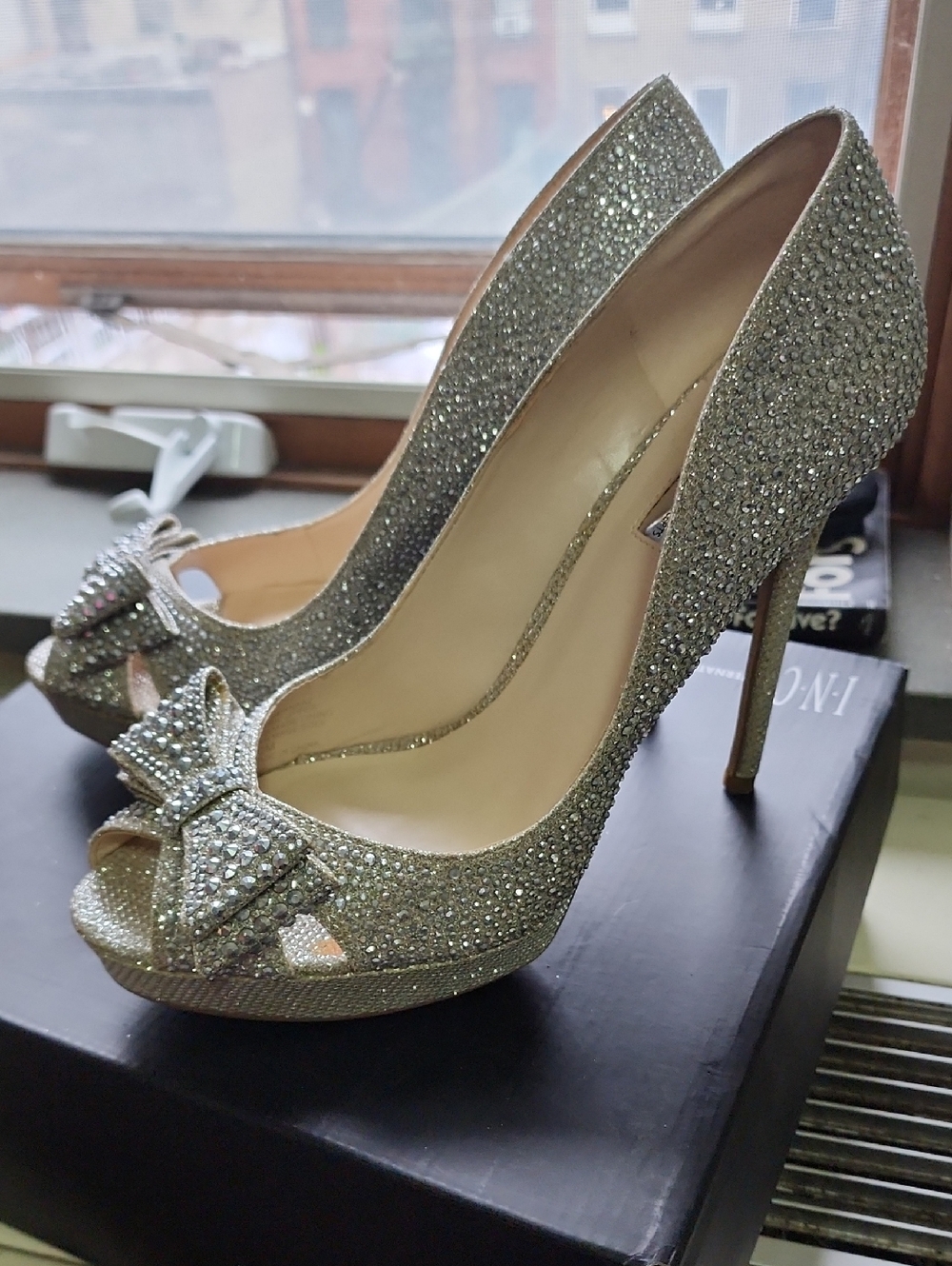 INC International Concepts Silver Crystal Peep-Toe Bow Heels